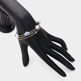 3PCS - Blue Floral Beads Station Round Stone Bezel Paper Clip Chain Layered Bracelets