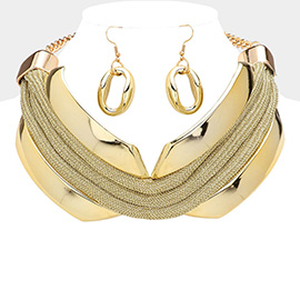 Triple Rope Pointed Abstract Metal Statement Necklace