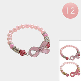 12PCS - Pink Ribbon Pendant Pointed Faceted Beaded Stretch Bracelets
