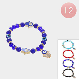 12PCS - Evil Eye Hamsa Hand Charm Pointed Faceted Beaded Stretch Bracelets