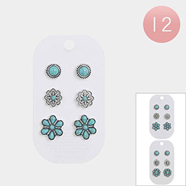 12 SET OF 3 - Turquoise Stone Pointed Ethnic Stud Earring Set