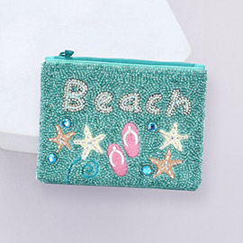 Round Stone Pointed Beach Message Starfish Flip Flops Seed Beaded Mini Pouch Bag