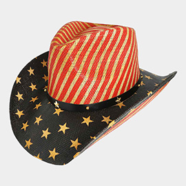 Star Stud Faux Leather Band Pointed American USA Flag Printed Cowboy Fedora Hat