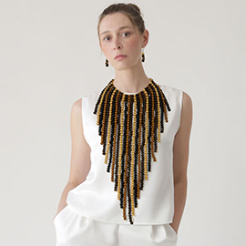 Oversized Wood Beaded Fringe Multi Layered Statement Necklace
