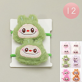 12 SET OF 2 - Fuzzy Plush Monster Bunny Character Face Accent Hair Ties