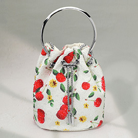 Bling Studded Cherry Floral Pattern Bucket Bag / Handbag / Crossbody Bag