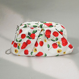 Bling Studded Cherry Floral Pattern Evening Clutch Bag / Crossbody Bag