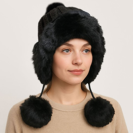 Faux Fur Ear Flap Pom Pom Winter Trapper Hat