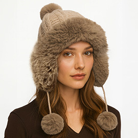 Faux Fur Ear Flap Pom Pom Winter Trapper Hat