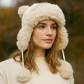 Faux Fur Ear Flap Pom Pom Winter Trapper Hat