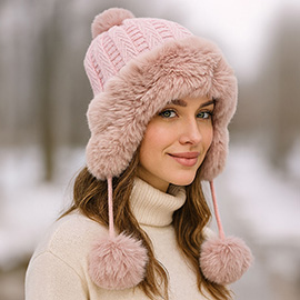 Faux Fur Ear Flap Pom Pom Winter Trapper Hat