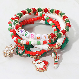 6PCS - MERRY Message Santa Candy Cane Snowflake Charm Heishi Faceted Beaded Stretch Multi Layered Bracelets