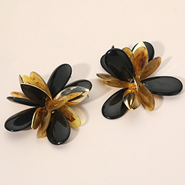 Bold Oversized Marbled Resin Metal Petal Flower Statement Earrings