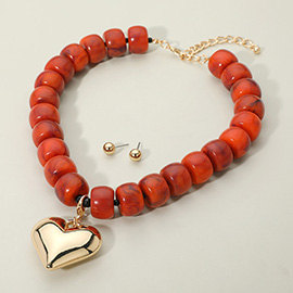 Puffy Metal Heart Pendant Chunky Beaded Statement Necklace