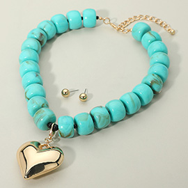 Puffy Metal Heart Pendant Chunky Beaded Statement Necklace