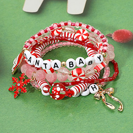 6PCS - SANTA BABY SLEIGH Message Snowflake Bow Santa Charm Beaded Stretch Multi Layered Bracelets
