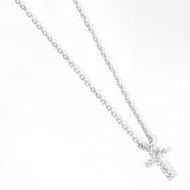 White Gold Dipped CZ Stone Paved Cross Pendant Necklace