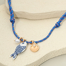 Pearl Seashell Ceramic Fish Charm Adjustable Cord Necklace