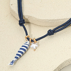 Pearl Flower Ceramic Fish Charm Adjustable Cord Necklace