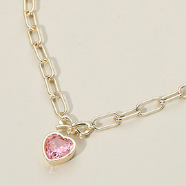 14K Gold Plated Bow Top Heart CZ Stone Bezel Pendant Necklace