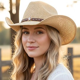 Metal Star Studded Faux Leather Band Western Straw Woven Cowboy Hat