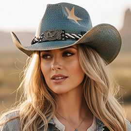 Brass Eagle Buckle Braided Rope Band Star Accent Distressed Western Cowboy Hat