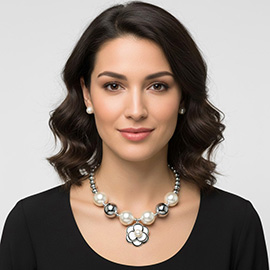 Chunky Pearl Accent Flower Pendant Beaded Statement Necklace