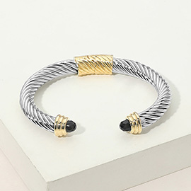 Faceted Stone Tip Twisted Cable Hinged Cuff Bracelet