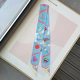Graphic Icon Print Silky Twilly Skinny Scarf