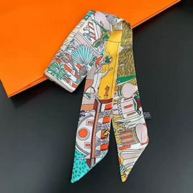 Illustrated Scene Print Silky Twilly Skinny Scarf