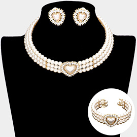 3PCS - Pearl Heart Pendant 3-Row Choker Necklace Jewelry Set