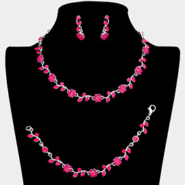 3PCS - Flower Leaf Cluster Rhinestone Necklace Jewelry Set