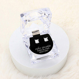 5mm Square Crystal Cubic Zirconia CZ Stud Earrings with Clear Box