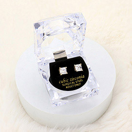 6mm Square Crystal Cubic Zirconia CZ Stud Earrings with Clear Box
