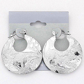Floral Textured Metal Pin Catch Hoop Earrings
