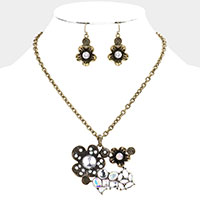 Double flower crystal pendant necklace