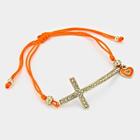 Crystal Pave Cross & Heart Charm Thread Bracelet