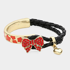 PAVE BOW HEART CHARM FAUX LEATHER BANGLE BRACELET