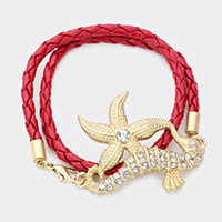 Stone Embellished Starfish Seahorse Braided Faux Leather Wrap Bracelet