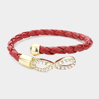 Crystal infinity accented braided faux leather open bracelet