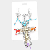 Two Tone Hammered Metal Cross Pendant Set