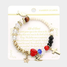 Heart Cross Charm Multi Bead Stretch Bracelet