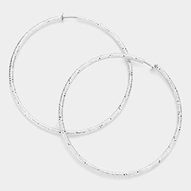 3.2 Inch Textured Metal Hoop Clip On Earrings
