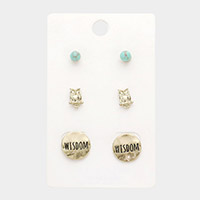 3Pairs - Turquoise Owl Wisdom Message Stud Earrings