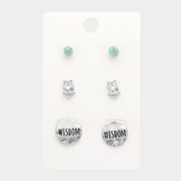 3Pairs - Turquoise Owl Wisdom Message Stud Earrings