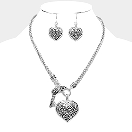 Embossed Metal Heart Key Pendant Necklace