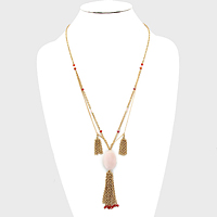 Oval Stone Accented Tassel Drop Necklace
