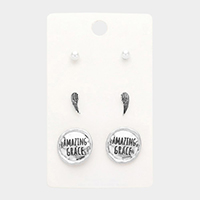 3Pairs - Pearl Wing AMAZING GRACE Message Stud Earrings