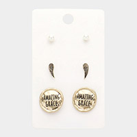 3Pairs - Pearl Wing AMAZING GRACE Message Stud Earrings