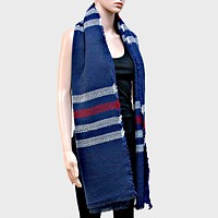 Stripe Accented Knit Shawl Scarf with Raw Fringe Trim